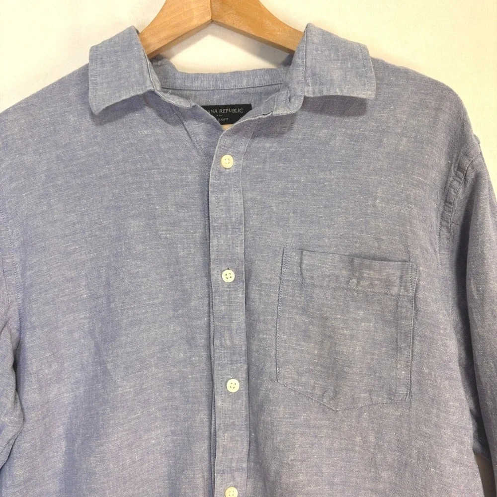 Banana Republic Linen Blend Slim Fit Button Up‎ Shirt Mens L Blue Costal Casual